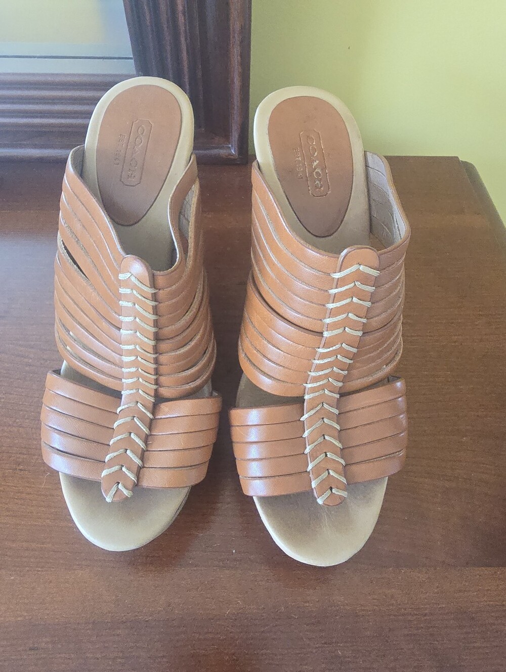 Coach Tan Braided Leather Mule Slides Featuring 5 Inch Wedge In Size 8.